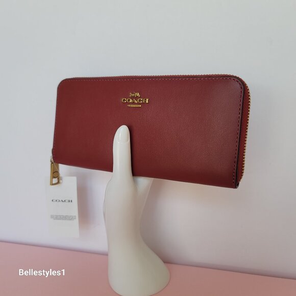 COACH Slim Accordion Smooth Calf Leather Zip-Around Wallet- Cherry color - Picture 3 of 16